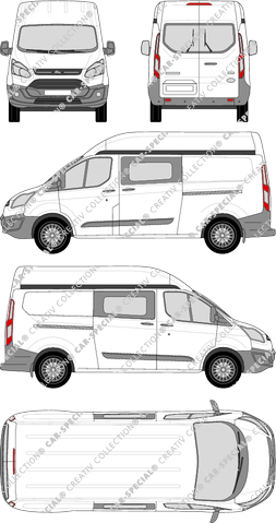 Ford Transit Custom, furgone, L2H2, vitre arrière, Doppelkabine, Rear Wing Doors, 2 Sliding Doors (2012)