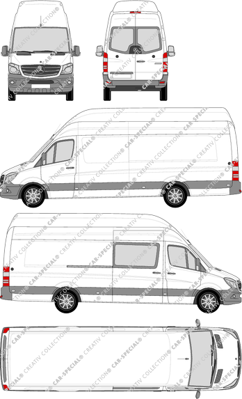 Mercedes-Benz Sprinter, Kastenwagen, Superhochdach, Extralang, Heck verglast, rechts teilverglast, Rear Wing Doors, 1 Sliding Door (2013)