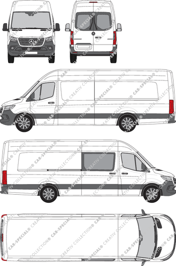 Mercedes-Benz Sprinter, RWD, Kastenwagen, Hochdach, Extralang, Heck verglast, rechts teilverglast, Rear Wing Doors, 1 Sliding Door (2018)