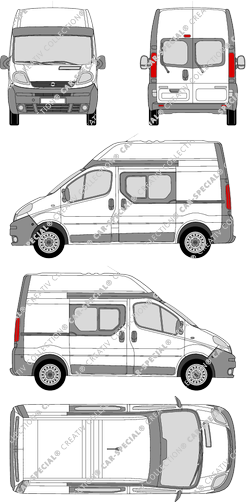 Opel Vivaro, furgón, L1H2, ventana de parte trasera, cabina doble, Rear Wing Doors, 2 Sliding Doors (2003)