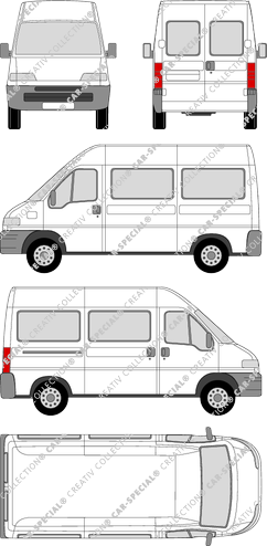 Peugeot Boxer 320 MH, 320 MH, tejado alto, microbús, semilargo, tejado alto, Rear Wing Doors, 1 Sliding Door (1994)