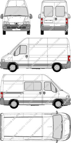 Peugeot Boxer 330 MH/350 MH, 330 MH/350 MH, furgón, tejado alto, paso de rueda medio, Heck verglast, rechts teilverglast, 1 Sliding Door (2002)