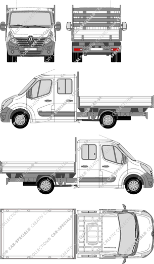 Renault Master llantas duales, llantas duales, camión basculador, L3H1, cabina doble (2014)