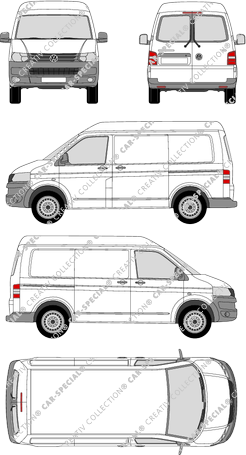 Volkswagen Transporter, T5, furgón, alto tejado media, ventana de parte trasera, Rear Wing Doors, 2 Sliding Doors (2009)