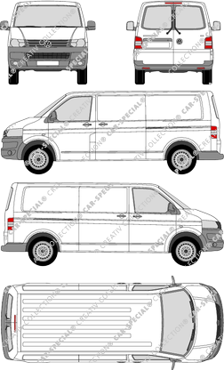 Volkswagen Transporter, T5, furgón, tejado normal, paso de rueda largo, ventana de parte trasera, Rear Wing Doors, 2 Sliding Doors (2009)