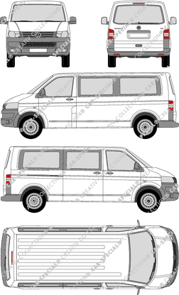 Volkswagen Transporter, T5, microbús, tejado normal, paso de rueda largo, Rear Flap, 1 Sliding Door (2009)