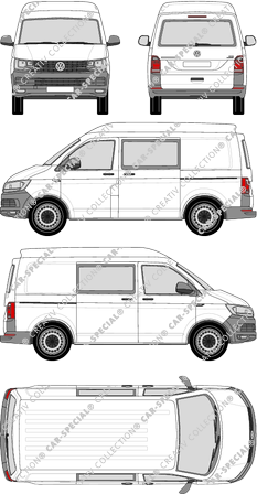 Volkswagen Transporter, T6, furgón, alto tejado media, paso de rueda corto, ventana de parte trasera, cabina doble, Rear Flap, 2 Sliding Doors (2015)