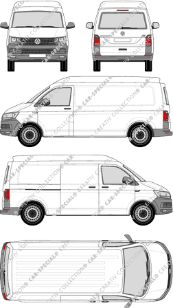 Volkswagen Transporter, T6, furgón, alto tejado media, paso de rueda largo, ventana de parte trasera, Rear Flap, 1 Sliding Door (2015)