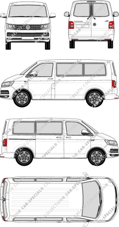 Volkswagen Transporter Caravelle, T6, microbús, tejado normal, paso de rueda corto, Rear Wing Doors, 1 Sliding Door (2015)
