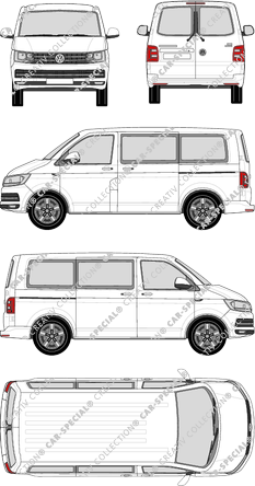 Volkswagen Transporter Caravelle, T6, minibus, normal roof, short wheelbase, Rear Wing Doors, 2 Sliding Doors (2015)