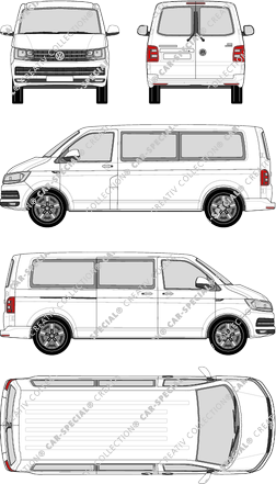 Volkswagen Transporter Caravelle, T6, minibus, normal roof, long wheelbase, Rear Wing Doors, 1 Sliding Door (2015)