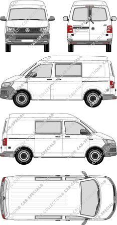 Volkswagen Transporter, T6, fourgon, toit intermédiaire, kurzer Radstand, Heck verglast, double cabine, Rear Wing Doors, 2 Sliding Doors (2015)