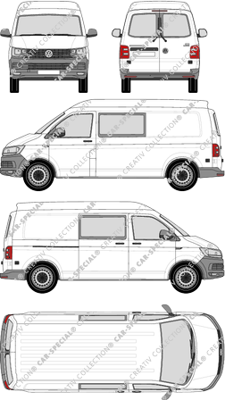 Volkswagen Transporter, T6, van/transporter, medium high roof, long wheelbase, rear window, double cab, Rear Wing Doors, 1 Sliding Door (2015)