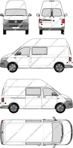 Volkswagen Transporter, T6, fourgon, toit haut, langer Radstand, Heck verglast, double cabine, Rear Wing Doors, 1 Sliding Door (2015)