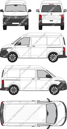 Volkswagen Transporter, T6.1, furgón, alto tejado media, paso de rueda corto, ventana de parte trasera, Rear Flap, 2 Sliding Doors (2019)