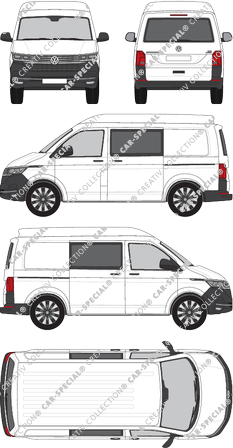 Volkswagen Transporter, T6.1, Kastenwagen, Mittelhochdach, kurzer Radstand, Heck verglast, Doppelkabine, Rear Flap, 2 Sliding Doors (2019)
