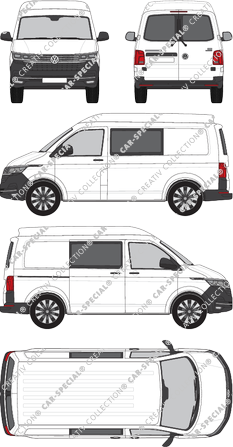 Volkswagen Transporter, T6.1, Kastenwagen, Mittelhochdach, kurzer Radstand, Heck verglast, Doppelkabine, Rear Wing Doors, 1 Sliding Door (2019)