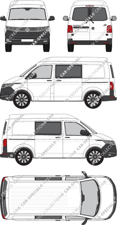Volkswagen Transporter, T6.1, van/transporter, medium high roof, short wheelbase, rear window, double cab, Rear Wing Doors, 2 Sliding Doors (2019)