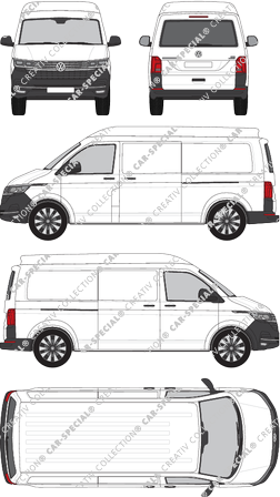 Volkswagen Transporter, T6.1, furgón, alto tejado media, paso de rueda largo, ventana de parte trasera, Rear Flap, 2 Sliding Doors (2019)