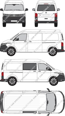 Volkswagen Transporter, T6.1, furgón, alto tejado media, paso de rueda largo, Heck verglast, rechts teilverglast, Rear Flap, 2 Sliding Doors (2019)