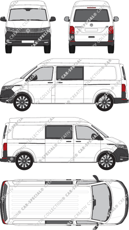 Volkswagen Transporter, T6.1, Kastenwagen, Mittelhochdach, langer Radstand, Heck verglast, Doppelkabine, Rear Flap, 2 Sliding Doors (2019)
