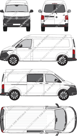 Volkswagen Transporter, T6.1, Kastenwagen, Mittelhochdach, langer Radstand, Heck verglast, rechts teilverglast, Rear Wing Doors, 1 Sliding Door (2019)