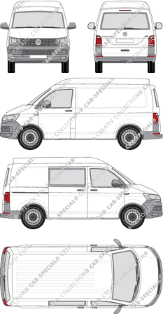 Volkswagen Transporter, T6, furgón, alto tejado media, paso de rueda corto, Heck verglast, rechts teilverglast, Rear Flap, 1 Sliding Door (2015)