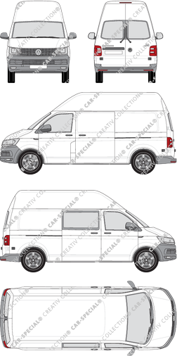 Volkswagen Transporter, T6, furgón, tejado alto, paso de rueda largo, Heck verglast, rechts teilverglast, Rear Wing Doors, 2 Sliding Doors (2015)