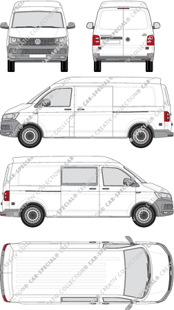 Volkswagen Transporter, T6, fourgon, toit intermédiaire, langer Radstand, rechts teilverglast, Rear Wing Doors, 2 Sliding Doors (2015)