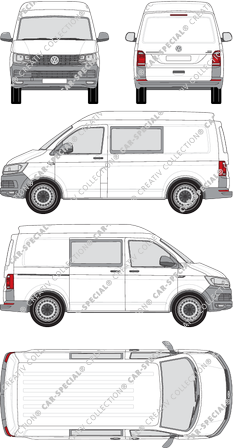 Volkswagen Transporter, T6, furgón, alto tejado media, paso de rueda corto, cabina doble, Rear Flap, 1 Sliding Door (2015)
