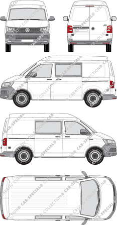 Volkswagen Transporter, T6, van/transporter, medium high roof, short wheelbase, double cab, Rear Wing Doors, 2 Sliding Doors (2015)