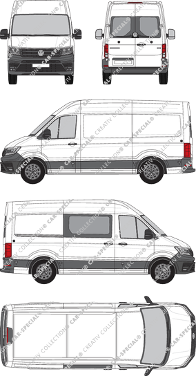 Volkswagen e-Crafter, toit haut, furgone, L3H3, empattement  moyen, Heck verglast, teilverglast rechts, Rear Wing Doors, 1 Sliding Door (2018)