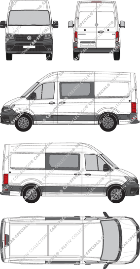 Volkswagen e-Crafter, toit haut, furgone, L3H3, empattement  moyen, Doppelkabine, Rear Wing Doors, 2 Sliding Doors (2018)